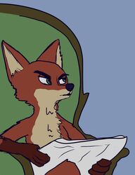  2020 anthro brown_body brown_fur canid canine cheek_tuft chest_tuft disney facial_tuft famished_(artist) fox fur green_eyes hi_res holding_object male mammal meme metro-goldwyn-mayer newspaper newspaper_tom_meme nick_wilde reaction_image reading_newspaper red_fox solo tom_and_jerry tom_reading_the_newspaper true_fox tuft zootopia 