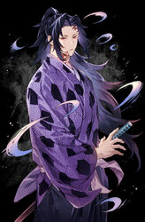  1boy black_background black_hair cowboy_shot crescent facial_mark fighting_stance hakama highres japanese_clothes katana kimetsu_no_yaiba kimono light_particles long_hair long_sleeves looking_at_viewer male_focus motion_blur oyumai pink_eyes ponytail purple_hair purple_theme ready_to_draw sash simple_background solo sword tsugikuni_michikatsu very_long_hair weapon wide_sleeves 