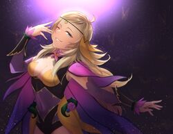  ahoge arm_up asymmetrical_bangs blonde_hair breasts cape circlet female fire_emblem fire_emblem_fates fire_emblem_heroes flamingo_(eme324) grey_eyes leotard long_hair looking_at_viewer medium_breasts official_alternate_costume one_eye_closed ophelia_(fire_emblem) ophelia_(resplendent)_(fire_emblem) 