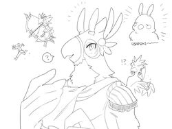  ?! angry anthro aooni archer arrow_(weapon) avian bird blush bow_(weapon) breath_of_the_wild chasing fake_ears fake_rabbit_ears group hi_res humanoid humor hylian kass_(tloz) link male monochrome nintendo parrot plantigrade question_mark ranged_weapon revali rito the_legend_of_zelda weapon 