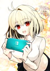  antenna_hair arcueid_brunestud black_skirt blonde_hair breasts female hair_intakes handheld_game_console highres holding holding_handheld_game_console large_breasts long_sleeves looking_at_viewer nintendo_switch open_mouth red_eyes short_hair skirt smile solo suzukimadaka sweater tsukihime tsukihime_(remake) turtleneck white_sweater 