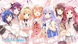  6+girls :d ;d ^_^ aqua_eyes blonde_hair blue_eyes blue_hair cherry_blossoms closed_eyes commentary_request end_card frilled_hairband frills gochuumon_wa_usagi_desu_ka? hair_ornament hairband highres hoto_cocoa jouga_maya kafuu_chino kafuu_chino&#039;s_school_uniform kirima_syaro koi_(koisan) light_blue_hair long_hair looking_at_viewer multiple_girls natsu_megumi one_eye_closed open_mouth school_uniform short_hair smile tedeza_rize tedeza_rize&#039;s_school_uniform twintails ujimatsu_chiya x_hair_ornament yellow_eyes 