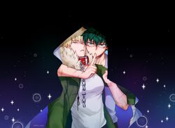  2boys bakugou_katsuki black_curtains blonde_hair boku_no_hero_academia brown_hair chains collar curtains finger_to_mouth freckles green_eyes green_hair jacket long_sleeves looking_at_viewer male_focus midoriya_izuku multiple_boys pants scar seoltang_(nitro_sugar) shirt short_hair shushing simple_background spiked_hair squinting twitter_username yaoi 