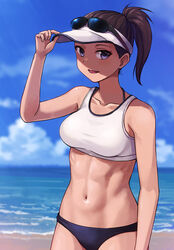  abs beach bikini blue_sky breasts brown_hair cloud cloudy_sky collarbone day eyewear_on_head female hand_on_headwear hashi looking_at_viewer navel original outdoors ponytail sky smile solo sports_bra sports_sunglasses stomach sunglasses swimsuit visor_cap white_sports_bra 