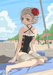  alternate_costume alternate_hairstyle arms_at_sides bare_arms bare_legs barefoot beach beach_towel beach_umbrella black_one-piece_swimsuit blush braid breasts casual_one-piece_swimsuit cleavage closed_mouth criss-cross_halter female flower frilled_one-piece_swimsuit frills grey_hair hair_flower hair_ornament hairclip halterneck highres jewelry looking_to_the_side magia_record:_mahou_shoujo_madoka_magica_gaiden mahou_shoujo_madoka_magica miwa_mitsune one-piece_swimsuit orange_eyes outdoors pendant people plant red_flower sand short_hair side_braid sitting small_breasts solo_focus swimsuit towel towel_on_legs umbrella you2 