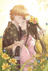  1boy agatsuma_zenitsu antweiyi black_hair black_kimono blonde_hair blunt_bangs bug butterfly closed_eyes closed_mouth couple cowboy_shot day female field flower flower_field hand_in_another&#039;s_hair head_wreath holding_hands japanese_clothes kamado_nezuko kimetsu_no_yaiba kimono long_hair long_sleeves looking_at_another md5_mismatch outdoors pink_kimono short_hair signature standing straight wide_sleeves 