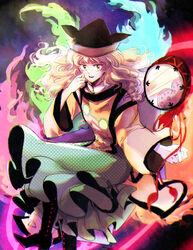  aura black_footwear black_hat blonde_hair boots brown_hat cape chair constellation constellation_print detached_sleeves drum energy female green_skirt hands_up hat instrument light long_hair long_skirt long_sleeves looking_at_viewer matara_okina naozi open_mouth orange_sleeves purple_background shadow sitting skirt smile solo sun_symbol tate_eboshi touhou wide_sleeves yellow_eyes 