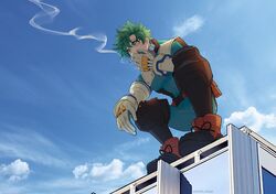  1boy blonde_hair blush bodysuit boku_no_hero_academia freckles gloves green_bodysuit green_eyes green_hair highres looking_at_viewer male_focus midoriya_izuku red_footwear seoltang_(nitro_sugar) shirt short_hair sky smoke smoking tobacco twitter_username white_gloves 