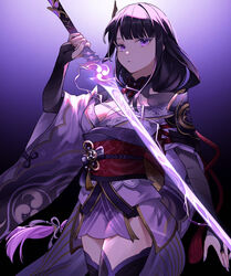  blunt_bangs braid breasts cleavage commentary_request cowboy_shot female fingerless_gloves genshin_impact gloves half-closed_eyes highres holding holding_sword holding_weapon japanese_clothes kimono long_hair looking_at_viewer musou_isshin_(genshin_impact) nail_polish nogi_(nokisaki) partial_commentary purple_background purple_eyes purple_hair purple_kimono purple_nails raiden_shogun simple_background solo sword thighhighs very_long_hair weapon 