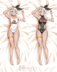  adapted_costume bangs banned_artist barefoot bea_(pokemon) bed_sheet black_hairband black_leotard blonde_hair bow_hairband breasts closed_mouth commentary covered_navel dakimakura_(medium) eyelashes female from_above full_body grey_eyes hair_between_eyes hairband highres kimmy77 knees leotard looking_at_viewer lying medium_hair multiple_views on_back parted_lips patreon_logo pokemon pokemon_(game) pokemon_swsh shiny shiny_skin thigh_strap toes watermark white_leotard 