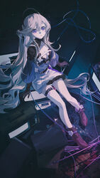  absurdly_long_hair absurdres arknights belt belt_buckle black_belt black_gloves black_sleeves blonde_hair blush boots breasts buckle cleavage collarbone commentary cross-laced_footwear crt eyebrows_hidden_by_hair female flower full_body gloves hair_between_eyes hair_spread_out highres indigo_(arknights) infection_monitor_(arknights) long_hair long_sleeves looking_at_viewer looking_up parted_lips purple_eyes purple_footwear small_breasts solo television thigh_strap tuzhate very_long_hair white_flower 