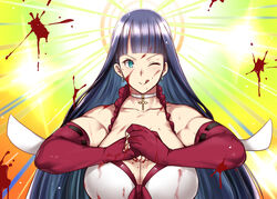  aqua_eyes bikini blood blood_on_face blood_on_hands blood_splatter blush breasts choker clenched_hand cracking_knuckles cross cross_choker earrings elbow_gloves emotional_engine_-_full_drive fate/grand_order fate_(series) female fingerless_gloves fist_in_hand frilled_bikini frills gloves grin jewelry large_breasts licking_lips long_hair looking_at_viewer martha_(fate) martha_(swimsuit_ruler)_(fate) martha_(swimsuit_ruler)_(third_ascension)_(fate) muscular muscular_female one_eye_closed own_hands_together purple_hair smile solo straight_hair swimsuit tobisawa tongue tongue_out you&#039;re_doing_it_wrong 