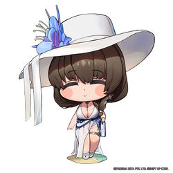  bikini black_hair blue_flower blush_stickers braid breasts chibi closed_eyes closed_mouth dot_nose earrings female flower full_body goddess_of_victory:_nikke hat hat_flower highres jewelry large_breasts light_smile long_hair mary_(bay_goddess)_(nikke) mary_(nikke) official_alternate_costume official_art solo standing swimsuit thigh_gap thigh_strap thighs totatokeke white_bikini white_footwear white_hat 