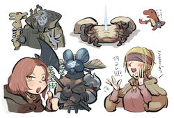  2boys 2girls :d asymmetrical_horns axe blindfold blonde_hair blush bob_cut brown_cloak brown_hair cloak colored_skin crab drooling elden_ring grey_skin hands_up holding holding_axe holding_staff holding_weapon hood hooded_cloak horns hyetta_(elden_ring) looking_at_viewer margit_the_fell_omen medium_hair melina_(elden_ring) mismatched_horns multiple_boys multiple_girls one_eye_closed open_mouth ponytail smile staff tarnished_(elden_ring) thumbs_up tirarizun translation_request uneven_horns weapon yellow_eyes 