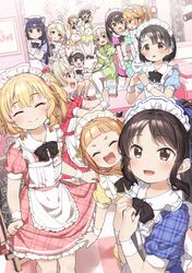  6+girls :d ^_^ ^o^ absurdres akagi_miria alternate_costume animal apron blush checkered_floor closed_eyes commentary dress enmaided fukuyama_mai heart heart_hands highres hyou-kun ichihara_nina idolmaster idolmaster_cinderella_girls idolmaster_cinderella_girls_u149 iguana koga_koharu l.m.b.g_(idolmaster) looking_at_viewer maid maid_headdress matoba_risa multiple_girls name_tag neck_ribbon outstretched_arm plaid plaid_dress puffy_short_sleeves puffy_sleeves ribbon ryuzaki_kaoru sajo_yukimi sakurai_momoka sasaki_chie short_sleeves smile stage tachibana_arisu white_apron wrist_cuffs yokoyama_chika yukie_(kusaka_shi) yusa_kozue yuuki_haru 