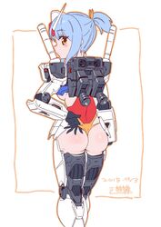  ass backpack bag black_gloves blue_hair blush breasts brown_eyes dated female from_behind gloves gundam highres humanization leotard leotard_pull looking_at_viewer looking_back mecha_musume medium_breasts michi_kuso mobile_suit_gundam rx-78-2 science_fiction solo thrusters tied_hair underboob v-fin 