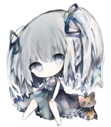  bad_id bad_pixiv_id bare_arms bare_shoulders barefoot black_dress black_ribbon blue_eyes cape chibi closed_mouth cottontailtokki dress female full_body granblue_fantasy green_cape green_hat hair_between_eyes hair_ribbon hand_on_own_knee hat head_tilt knees_up long_hair looking_at_viewer mini_hat mini_top_hat queen_orchis ribbon shadowverse simple_background sitting sleeveless sleeveless_dress solo stuffed_animal stuffed_cat stuffed_toy top_hat two_side_up white_background white_hair 