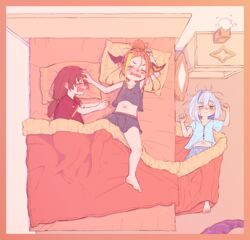  3girls adidas aged_down alternate_costume alternate_hairstyle amane_kanata angel asacoco bad_id bad_pixiv_id barefoot bed black_shirt black_shorts blanket blonde_hair blue_hair closed_eyes clothes_writing colored_inner_hair commentary doukyo&#039;s dragon_girl dragon_horns fake_tail fangs feet ginzuchi hair_between_eyes hair_bun halo hameru-type_asacoco highres hololive horns houshou_marine indoors kiryu_coco lolicon medium_hair messy_hair messy_sleeper midriff midriff_peek multicolored_hair multiple_girls nightstand on_floor one_eye_closed open_mouth orange_hair pajamas pillow polka_dot_pants pp_tenshi_t-shirt red_hair red_shirt shirt shorts single_hair_bun skin_fangs sleeping sleepwear stomach streaked_hair tail tail_removed teardrop under_covers virtual_youtuber waking_up wavy_mouth white_hair 