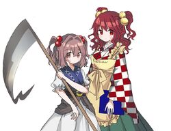  2girls apron bell book checkered_clothes checkered_kimono cosplay costume_switch hair_between_eyes hair_bobbles hair_ornament height_difference highres holding holding_book holding_weapon japanese_clothes kimono long_sleeves motoori_kosuzu motoori_kosuzu_(cosplay) multiple_girls onozuka_komachi onozuka_komachi_(cosplay) puffy_short_sleeves puffy_sleeves scythe short_hair short_sleeves touhou two_side_up weapon zabuton_(mgdw5574) 