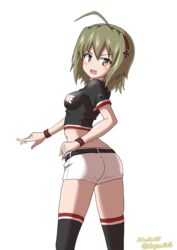  absurdres belt black_belt black_shirt black_thighhighs cheerleader clothes_writing cropped_shirt cross dated drops_mint female geshiko_(girls_und_panzer) girls_und_panzer green_hair highres iron_cross kuromorimine_cheerleader_uniform long_hair looking_at_viewer micro_shorts midriff navel open_mouth print_shirt shirt short_shorts short_sleeves shorts simple_background solo t-shirt thighhighs twitter_username white_background white_shorts wristband yellow_eyes 