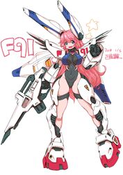  absurdres breasts clenched_hand covered_navel dated f91_gundam female gun gundam gundam_f91 highleg highleg_leotard highres holding holding_gun holding_weapon humanization large_breasts leotard long_hair mecha_musume michi_kuso open_mouth pink_hair skin_tight smile solo standing star_(symbol) very_long_hair weapon white_background wide_hips 