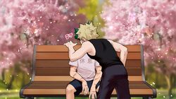  2boys bakugou_katsuki bench black_tank_top blonde_hair blush boku_no_hero_academia freckles gloves green_hair highres kissing looking_at_viewer male_focus midoriya_izuku multiple_boys scar seoltang_(nitro_sugar) shirt short_hair shorts simple_background spiked_hair t-shirt tank_top translation_request yaoi 