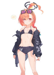  absurdres ahoge alternate_costume arms_at_sides asymmetrical_bangs bare_shoulders bikini black_bikini black_jacket blue_archive blush braid breasts chains cleavage earrings eyewear_on_head feet_out_of_frame female frilled_bikini frills halo highres jacket jewelry long_sleeves looking_at_viewer mole mole_under_eye navel neru_(blue_archive) neru_(swimsuit)_(blue_archive) off_shoulder open_clothes open_jacket orange_hair raised_eyebrows red_eyes simple_background single_braid small_breasts solo spoken_blush stomach stud_earrings sunglasses sweatdrop swimsuit white_background yanyo_(ogino_atsuki) 