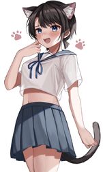  alternate_costume animal_ear_fluff animal_ears bad_id bad_twitter_id blue_eyes blue_neckwear blue_ribbon blue_sailor_collar blue_skirt blue_sky blush brown_hair cat_ears cat_tail commentary cowboy_shot cropped_shirt curled_fingers female furrowed_brow hand_to_head highres hololive midriff moonbell navel neck_ribbon nose_blush oozora_subaru open_mouth paw_print pleated_skirt ribbon sailor_collar short_hair short_twintails simple_background skirt sky solo standing sweatdrop swept_bangs tail twintails virtual_youtuber white_background 