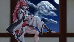  absurdres amputee baiken breasts choko_(cup) cleavage cloud commentary_request cup eyepatch female from_side full_moon guilty_gear guilty_gear_xrd highres japanese_clothes kimono large_breasts long_hair long_sleeves looking_at_viewer looking_to_the_side moon night obi one-eyed parted_lips pink_hair ponytail sash scar scar_across_eye scar_on_face sitting smile solo tama_(tamakaka1031) very_long_hair wide_sleeves yellow_eyes 