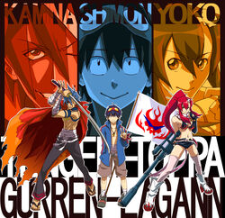  2boys anti-materiel_rifle bikini bikini_top_only boots cape commentary_request female flag goggles goggles_on_head gun highres kamina_(ttgl) kan_(tachi) katana multiple_boys navel rifle sandals sarashi scarf short_shorts shorts simon_(ttgl) sniper_rifle swimsuit sword tattoo tengen_toppa_gurren_lagann thighhighs topless_male v weapon yoko_littner zoom_layer 