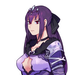  bangs black_choker breasts choker circlet closed_mouth dress fate/grand_order fate_(series) female fur_trim hair_between_eyes highres idk-kun long_hair long_sleeves looking_at_viewer medium_breasts purple_dress purple_hair red_eyes scathach_(fate)_(all) scathach_skadi_(fate/grand_order) simple_background solo upper_body white_background 