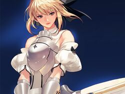  armor artoria_pendragon_(fate) bare_shoulders blonde_hair brown_eyes commentary_request detached_sleeves fate/stay_night fate_(series) female hair_ribbon korean_commentary ribbon saber_lily solo sword takssmask weapon 