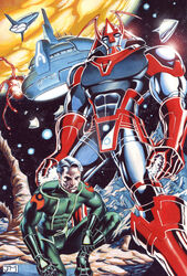  1970s_(style) 1980s_(style) 1boy aged_up alien armor asteroid atlantis_(karmatron) bad_deviantart_id bad_id battle belt bodysuit boots colored_pencil_(medium) commentary dual_persona emblem energy explosion fantasy gloves glowing glowing_eyes grey_hair helmet highres japanese_armor kabuto_(helmet) karmatron karmatron_y_los_transformables kneeling lithomancer looking_at_viewer manly mecha mountain muscular planet realistic redesign retro_artstyle robot rock samurai scan science_fiction serious shiny signature sky space space_station spacecraft star_(sky) starfighter starry_sky super_robot traditional_media uniform yin_yang zacek zuyua 