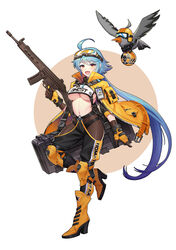  :d ahoge ankle_boots assault_rifle bird black_panties blue_hair blush boots breasts brown_gloves brown_pantyhose case chinese_commentary commentary_request female fingerless_gloves full_body gloves goggles gun h&amp;k_hk33 hayate_(leaf98k) high_heel_boots high_heels highres holding holding_gun holding_weapon knee_pads large_breasts long_hair looking_at_viewer navel oerba_yun_fang open_mouth open_pants orange_eyes orange_footwear original panties panties_over_pantyhose pants pantyhose photoshop_(medium) ponytail rifle skindentation smile solo standing standing_on_one_leg trigger_discipline underboob underwear very_long_hair weapon 