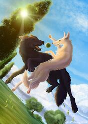  2016 ambiguous_gender ball canid canine canis cloud detailed_background digital_media_(artwork) domestic_dog duo feral grass hi_res jumping kekpafrany mammal outside plant poplar tennis_ball tree 