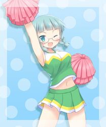  ;d akeyama arm_up armpits blush braid breasts cheerleader commentary_request female glasses large_breasts mashiba_nao navel oerba_yun_fang one_eye_closed open_mouth pom_pom_(cheerleading) semi-rimless_eyewear short_hair skirt smile solo twin_braids under-rim_eyewear wakaba_girl 