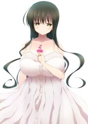  breasts brown_hair commentary_request dress female flower green_eyes huge_breasts hyuuga_takashi iwato_kasumi long_hair looking_at_viewer saki_(manga) smile solo white_background white_dress 