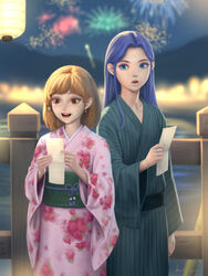  2girls blue_eyes blue_hair blue_string brown_eyes brown_hair commentary earrings english_commentary fence fireworks floral_print glowing gohpot green_kimono green_sash holding japanese_clothes jewelry kimono lantern long_hair multiple_girls open_mouth original paper_lantern parted_lips pink_kimono short_hair signature standing teeth wide_sleeves 