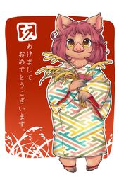  brow_eyes brown_eyes brown_hair female furry japanese_clothes open_mouth pig powderkona solo 