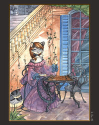  2006 anthro biped brown_hair chair chess clothing dress felid female furniture hair looking_at_viewer mammal painting_(artwork) pantherine sitting snow_leopard solo stairs traditional_media_(artwork) watercolor_(artwork) window zetallis 