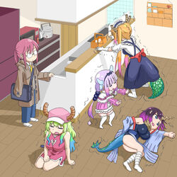  5girls aqua_hair blonde_hair blue_eyes breasts brown_hair closed_eyes dragon_girl dragon_horns dragon_tail elma_(maidragon) glasses gloves gradient_hair hairband hat horns kanna_kamui kitchen kneeling kobayashi-san_chi_no_maidragon kobayashi_(maidragon) large_breasts lavender_hair maid maid_headdress multicolored_hair multiple_girls open_mouth orange_hair purple_hair quetzalcoatl_(maidragon) red_hair tail tooru_(maidragon) white_legwear 