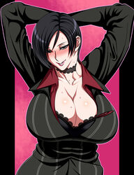  ada_wong arm_up black_hair blush bra breasts capcom cleavage female ginnyo highres huge_breasts office_lady resident_evil resident_evil_damnation short_hair smile underwear 