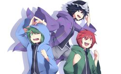  3others androgynous black_hair blue_coat coat commentary_request frilled_hat frills green_coat green_eyes green_hair hat highres hood hooded_jacket hoodie jacket len&#039;en lenk64 multiple_others necktie open_mouth other_focus purple_coat purple_eyes red_eyes red_hair shitodo_aoji shitodo_hooaka shitodo_kuroji short_hair shorts siblings smile triangular_headpiece 