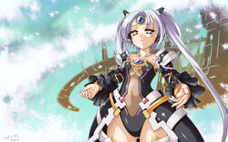  bracelet commentary_request ecell elsword eve_(elsword) female gem highres jewelry leotard long_hair parted_bangs photoshop_(medium) solo twintails two_side_up white_hair yellow_eyes 