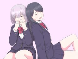  2girls :d ^_^ blazer blue_hair blue_jacket blue_skirt bow bowtie buttoned_cuffs buttons closed_eyes collared_shirt commentary_request covering_own_mouth dark_blue_hair facing_viewer feet_out_of_frame fukushima_uichi grey_hair gridman_universe jacket lapels laughing long_hair long_sleeves multiple_girls open_mouth pink_background pleated_skirt red_bow shinjou_akane shirt short_hair simple_background sitting skirt smile ssss.gridman takarada_rikka teeth upper_teeth_only white_shirt 