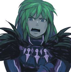  1boy armor blue_eyes commentary_request green_hair ildon iwaya male_focus open_mouth saga saga_frontier solo white_background 