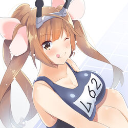  alternate_eye_color alternate_hair_length alternate_hairstyle blue_one-piece_swimsuit blush breasts brown_eyes cleavage commentary_request cosplay female from_above headgear i-19_(kancolle) i-19_(kancolle)_(cosplay) kantai_collection large_breasts light_brown_hair long_hair looking_at_viewer mutsu_(kancolle) one-piece_swimsuit one_eye_closed school_swimsuit sitting smile solo swimsuit tonarikeru tongue tongue_out tri_tails upper_body 