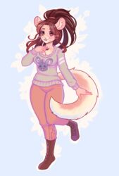  anthro boots bottomwear brown_hair chinchilla chinchillid cinnamon_(sinamuna) clothing female footwear freckles full-length_portrait generation_5_pokemon hair heterochromia letterbox mammal minccino nintendo pants pokemon pokemon_(species) pokemorph ponytail portrait rodent round_ears sensu.realis smile solo sweater topwear 