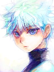  1boy blue_eyes hunter_x_hunter killua_zoldyck kintsuku lolicon male male_focus portrait rough simple_background solo tsukuru_(seki_sabato) white_background white_hair 