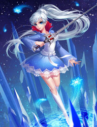  123cuiyang blue_eyes boots commentary_request cryokinesis earrings female highres ice jewelry knee_boots long_hair magic_circle myrtenaster no_scar photoshop_(medium) red_lips rwby skirt snow snowflakes solo standing standing_on_one_leg sword teeth very_long_hair weapon weiss_schnee white_footwear white_hair 